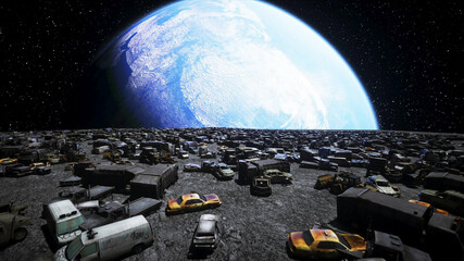 Wall Mural - car dump on the moon. ecology concept. 3d rendering.