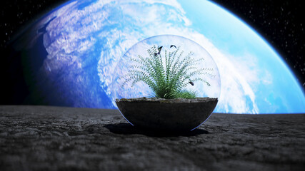 Wall Mural - grass in glass sphere in outer space. ecology concept. 3d rendering.