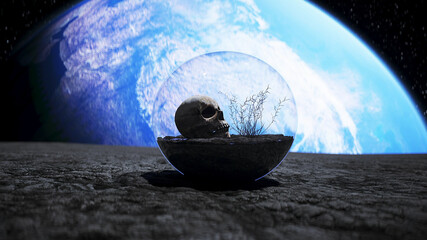 Wall Mural - skull in outer space in glass sphere. apocalypse concept. 3d rendering.