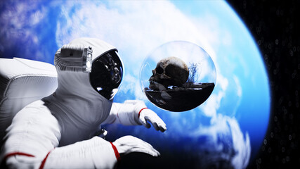 Wall Mural - astronaut and human skull in outer space in glass sphere. apocalypse concept. 3d rendering.