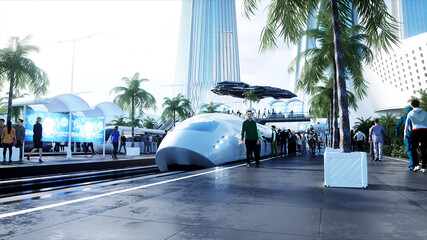 Sci Fi railway futuristic station. Future concept. Dinamyc trees. . Aerial view. 3d rendering