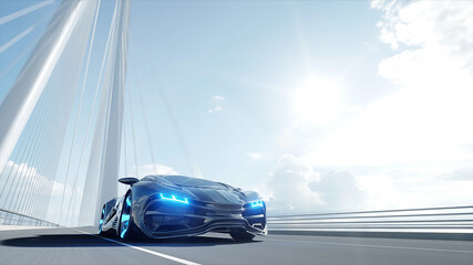 Wall Mural - 3d model of black futuristic car on the bridge. very fast driving. concept of future. 3d rendering.
