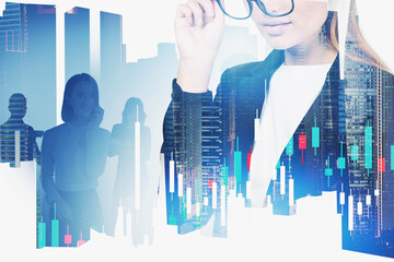 Wall Mural - Woman in glasses and team, financial chart