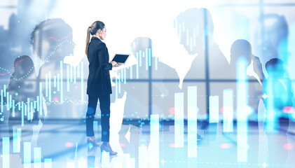 Wall Mural - Woman with laptop and her team, financial chart