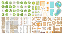 Vector Set. Collection For Landscape Design, Plan, Maps. (Top View) Trees, Flower Beds, Playground, Ponds, Swimming Pools, Pavement, Fences, Furniture. (View From Above) 