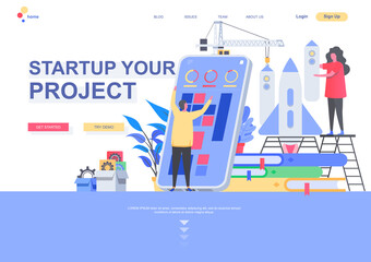 Startup your project flat landing page template. New startup founding, business idea generation and development situation. Web page with people characters. Innovation solution vector illustration.