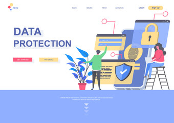 Fototapete - Data protection flat landing page template. Data security system, personal information confidentiality situation. Web page with people characters. Safety networking connection vector illustration.