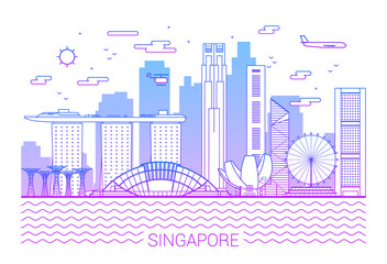 Singapore city pink line art Vector illustration with all famous buildings. Cityscape. White background and pink line.