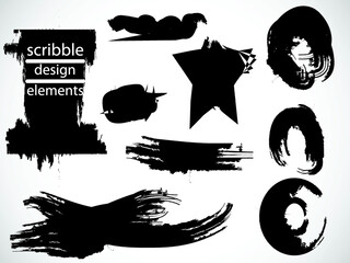 Hand drawn scribble symbols isolated on white background. Doodle style sketched Elements. Ink blots. Vector Grunge Brushes Stroke . Circle Frame. Logo Design .