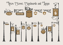 Old Street Signboards And Street Lamps On Pillar, Vintage Set, Pointers And Signs 
