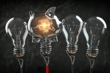 Piggy bank iand light bulbs in a row. Business investment or savings concept background.