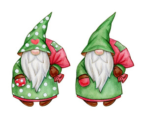 Christmas cute gnome  cartoons, isolated on white. Merry Christmas! Watercolor illustration.