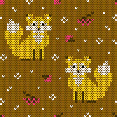 Wall Mural - Jacquard knitted seamless pattern with foxes and rowanberries. Winter background with nature and animals. Scandinavian style. Vector illustration.