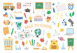 © Lexi Claus - Back to school vector set of elements. Big educational clipart collection. Cute flat style classroom objects with supplies, school building, bus, subject icons, books, stationery..