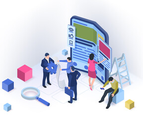 Wall Mural - modern flexible phone in isometric style. ui / ux design concept with character and text place. peop