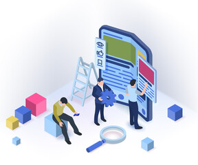 Wall Mural - modern foldable phone in isometric style. creating websites for a flexible screen phone. people are 