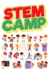 Poster - Stem camp logo and set of children with education objects isolated