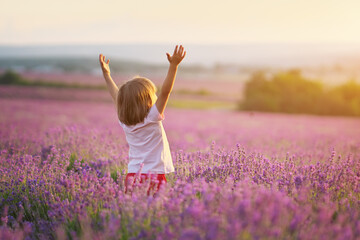 little girl enjoy nature on meadow of lavender.