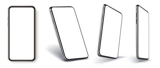 Aufkleber - Smartphone frameless blank screen perspective view, rotated position. Smartphone from different angles. Mockup generic device. Template with blank UI, UX screen for application presentation. Vector 