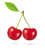 Fototapeta  - Two cherries with leaf isolated on white background. Clipping path