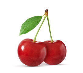 Wall Mural - Two cherries with leaf isolated on white background. Clipping path