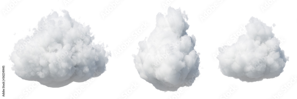 3d render. Abstract fluffy white clouds isolated on white background. Weather forecast symbol. Cumulus clip art collection. Sky design elements set - obrazy, fototapety, plakaty 