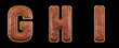 Set of leather letters G, H, I uppercase. 3D render font with skin texture isolated on black background.