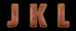 Set of leather letters J, K, L uppercase. 3D render font with skin texture isolated on black background.