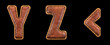 Set of leather letters Y, Z and symbol left angle bracket uppercase. 3D render font with skin texture isolated on black background.