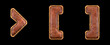 Set of symbols right angle bracket, left and right bracket made of leather. 3D render font with skin texture isolated on black background.