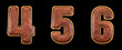 Set of numbers 4, 5, 6 made of leather. 3D render font with skin texture isolated on black background.