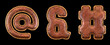 Set of symbols at, ampersand, hash made of leather. 3D render font with skin texture isolated on black background.