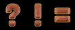 Set of symbols question mark, exclamation mark, equals made of leather. 3D render font with skin texture isolated on black background.