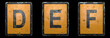 Set of capital letter D, E, F made of public road sign orange and black color on black background. 3d