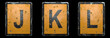 Set of capital letter J, K, L made of public road sign orange and black color on black background. 3d