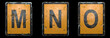 Set of capital letter M, N, O made of public road sign orange and black color on black background. 3d