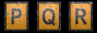 Set of capital letter P, Q, R made of public road sign orange and black color on black background. 3d