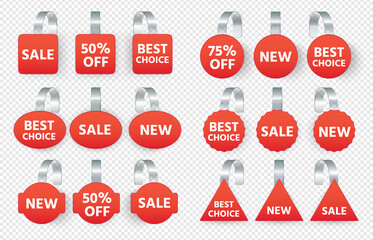 Sticker - Red sales tags wobblers with text. Vector collection tag sale, label discount promotion, price sticker and advertising illustration