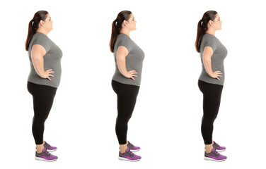 Wall Mural - Collage with photos of overweight woman before and after weight loss on white background