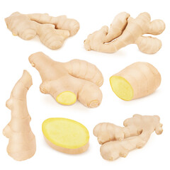 Canvas Print - Set of fresh whole and cutted ginger isolated on a white background.