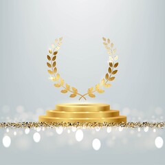 Wall Mural - Golden award round podium with laurel wreath, shiny glitter and sparkles isolated on light background. Vector realistic illustration of symbol of victory, achievement of success, rewarding of winner.