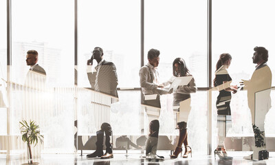 Wall Mural - Silhouettes of people against the window. A team of young businessman working and communicating together in an office. Corporate business team and manager in a meeting.