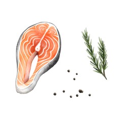 salmon fish slices with rosemary and peppers watercolor isolated on white background