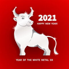 Wall Mural - White metal Ox is a symbol of the 2021 Chinese New Year. Holiday vector illustration of decorative metallic Zodiac Sign of bull on a red background