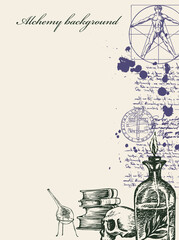 Wall Mural - Alchemy background withAlchemy background. Vintage artistic illustration on alchemical theme with scribbles imitating handwritten text, hand-drawn sketches, ink blots and pl vintage sketches and notes