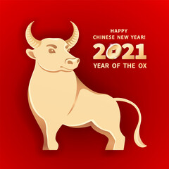 Wall Mural - Metal Ox is a symbol of the 2021 Chinese New Year. Holiday vector illustration of decorative metallic Zodiac Sign of bull on a red background