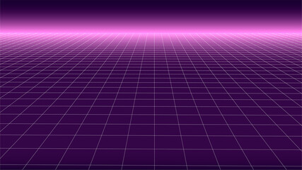 Leinwandbilder - Synthwave background. Retro futuristic backdrop with perspective grid. Pink glow in distance. Geometric template. 80s style vector illustration.