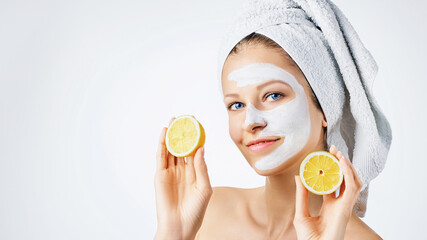 Wall Mural - cosmetology, skin care, face treatment, spa and natural beauty concept. woman with facial mask holds