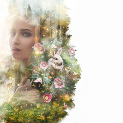 Visual digital art. Double exposure effects. Female head and rabbit in magical forest. Book cover concept