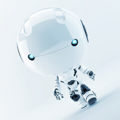 Wall Mural - Cute white little character with illuminated blue eyes. Robotic toddler, 3d rendering in action walking pose